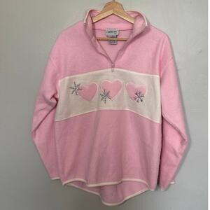 Women's Size M Vintage Y2K Carreau Sport Fleece Pink and White Heart Quarter Zip